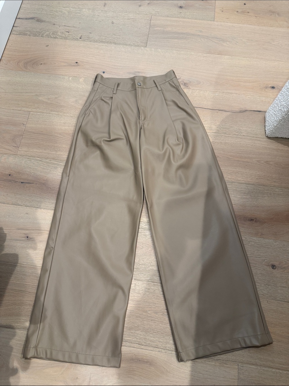 Wide Leg women’s high waisted faux leather pants in beige pleated